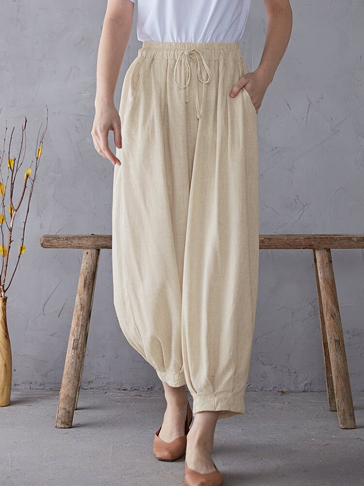 Solid Elastic Waist Drawstring Pocket Cotton Casual Pants Solid Elastic Waist Drawstring Pocket Cotton Casual Pants