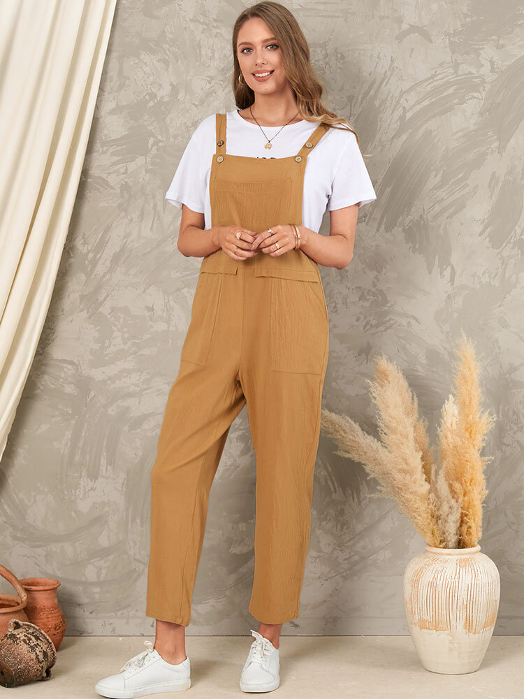 Solid Pocket Sleeveless Button Casual Jumpsuit For Women Solid Pocket Sleeveless Button Casual Jumpsuit For Women