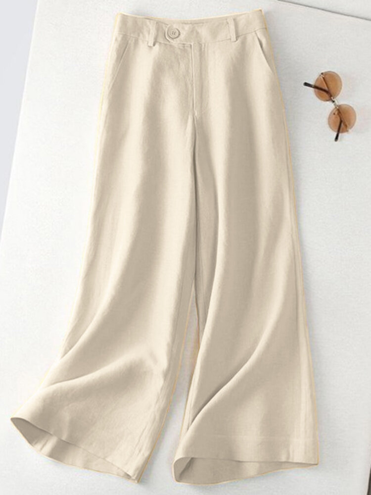 Leisure Solid Button Pocket Wide Leg Cotton Pants Leisure Solid Button Pocket Wide Leg Cotton Pants