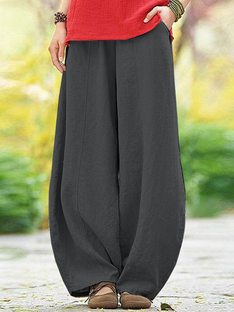 Solid Pocket Elastic Waist Cotton Casual Pants Solid Pocket Elastic Waist Cotton Casual Pants