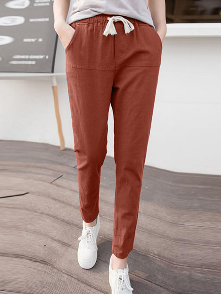 Solid Pocket Drawstring Elastic Waist Casual Tapered Pants