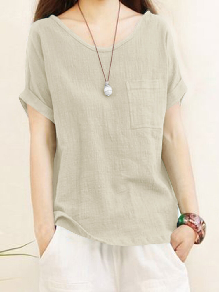 Solid Pocket Roll Short Sleeve Round Neck Casual Blouse