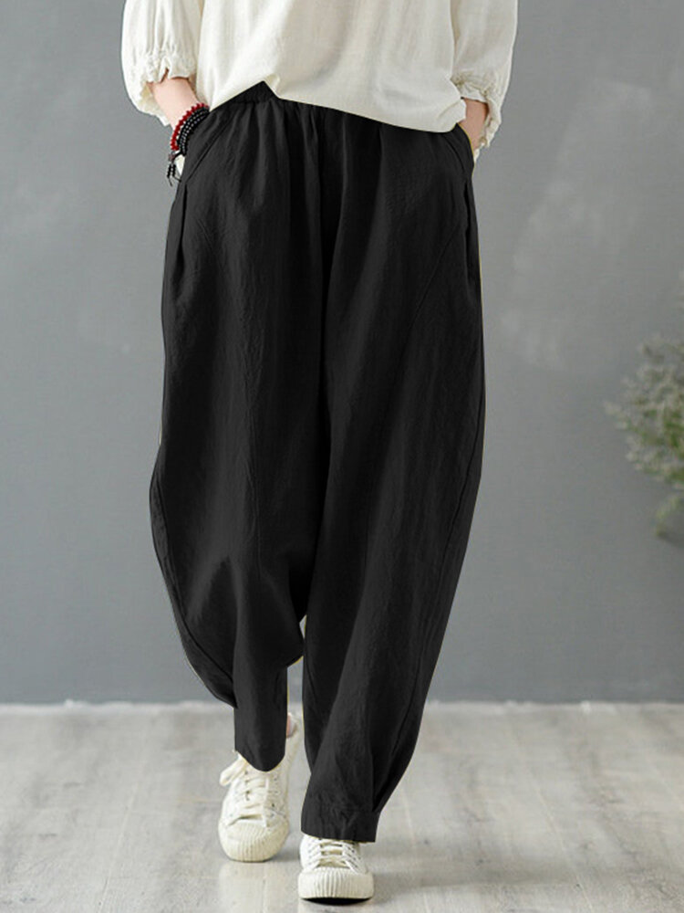 Solid Cotton Pocket Elastic Waist Casual Loose Pants Solid Cotton Pocket Elastic Waist Casual Loose Pants