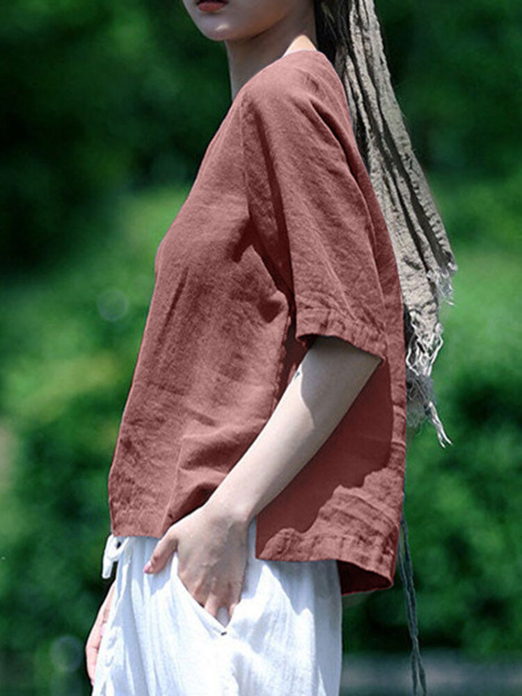 Solid Half Sleeve Crew Neck Casual Women Blouse