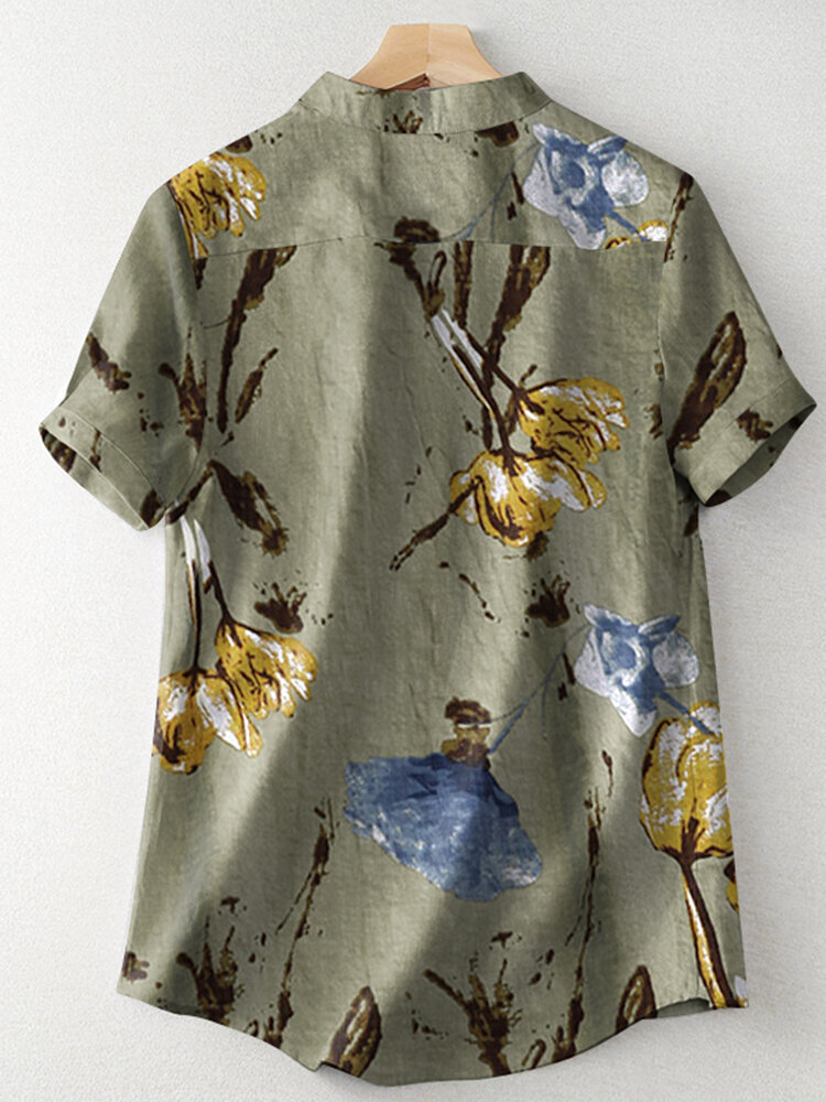 Random Flower Print Button Short Sleeve V  neck Blouse