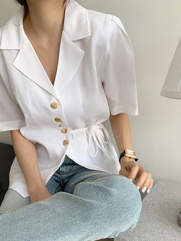 Solid Button Tie Up Lapel Short Sleeve Casual Cotton Blouse Solid Button Tie Up Lapel Short Sleeve Casual Cotton Blouse