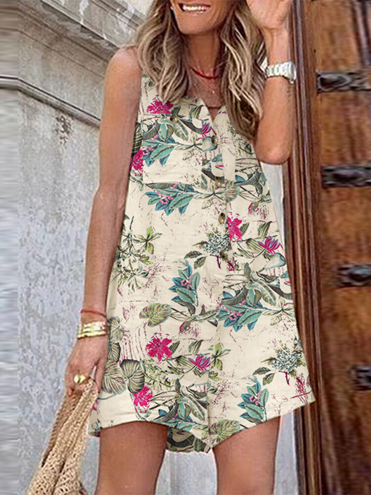 Sleeveless Button Print Flower Pocket Regular Fit Jumpsuit Sleeveless Button Print Flower Pocket Regular Fit Jumpsuit