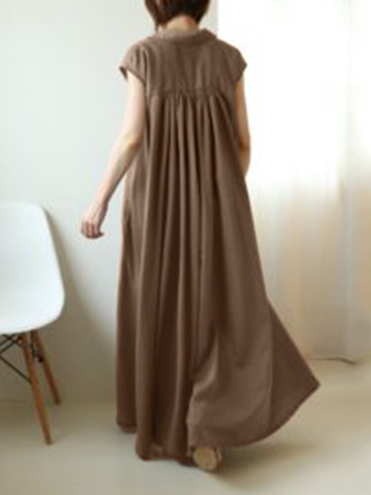 Solid Button Lapel Ruched Short Sleeve Maxi Shirt Dress