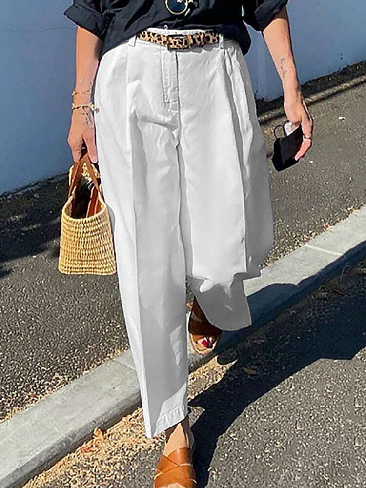 Women Zipper Pleated Commute Button Side Pocket Solid Casual Pants Women Zipper Pleated Commute Button Side Pocket Solid Casual Pants