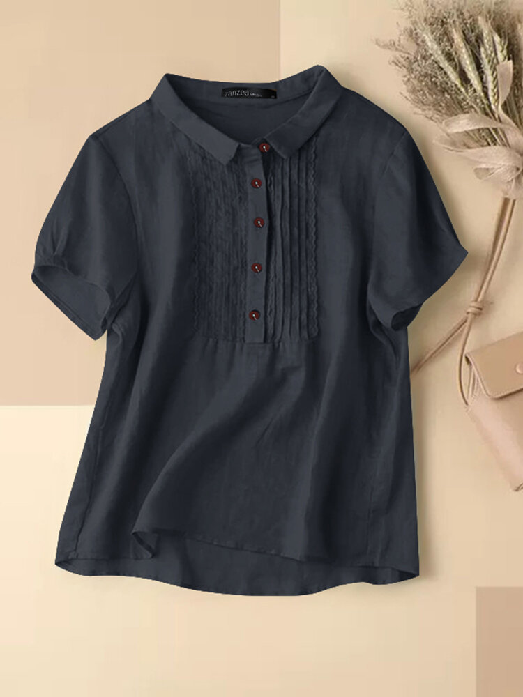 Solid Patchwork Button Lapel Short Sleeve Casual Blouse