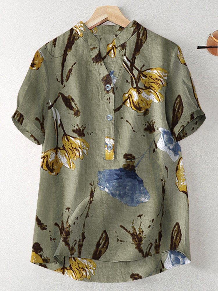 Random Flower Print Button Short Sleeve V neck Blouse Random Flower Print Button Short Sleeve V neck Blouse
